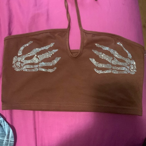 Brown Skeleton Hand Crop-Top - Picture 1 of 2
